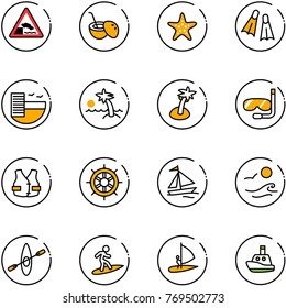 line vector icon set - embankment vector road sign, coconut cocktail, starfish, flippers, hotel, palm, diving, life vest, hand wheel, sail boat, waves, kayak, surfing, windsurfing, toy