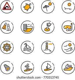 line vector icon set - embankment vector road sign, sea turtle, beach, lounger, flippers, hotel, palm, diving, hand wheel, sail boat, lighthouse, waves, shell, surfing, windsurfing, cruiser