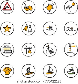 line vector icon set - embankment vector road sign, coconut cocktail, sea turtle, beach, starfish, flippers, pool, swimming, hotel, ship bell, sail boat, lighthouse, shell, surfing, windsurfing, toy