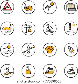 line vector icon set - embankment vector road sign, coconut cocktail, beach, sea hotel, diving, ship bell, sail boat, lighthouse, waves, kayak, shell, surfing, sand castle, cruiser, toy