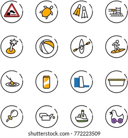 line vector icon set - embankment vector road sign, sea turtle, flippers, pool, palm, ball, kayak, surfing, fishing, drink, water power plant, basin, oiler, toy boat, duck