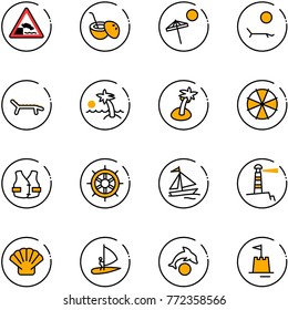 line vector icon set - embankment vector road sign, coconut cocktail, beach, lounger, palm, parasol, life vest, hand wheel, sail boat, lighthouse, shell, windsurfing, dolphin, sand castle
