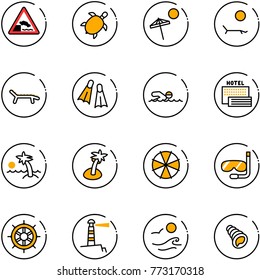 line vector icon set - embankment vector road sign, sea turtle, beach, lounger, flippers, swimming, hotel, palm, parasol, diving, hand wheel, lighthouse, waves, shell