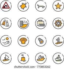line vector icon set - embankment vector road sign, sea turtle, lounger, starfish, flippers, hotel, hand wheel, waves, shell, surfing, windsurfing, sand castle, cruiser, toy boat