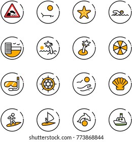 line vector icon set - embankment vector road sign, lounger, starfish, swimming, hotel, palm, parasol, diving, hand wheel, waves, shell, surfing, windsurfing, dolphin, toy boat