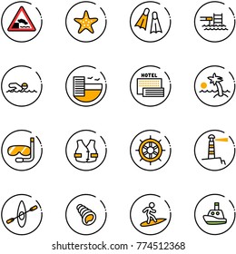 line vector icon set - embankment vector road sign, starfish, flippers, pool, swimming, hotel, sea, palm, diving, life vest, hand wheel, lighthouse, kayak, shell, surfing, toy boat