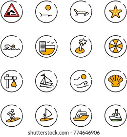 line vector icon set - embankment vector road sign, lounger, starfish, swimming, hotel, palm, parasol, ship bell, sail boat, waves, shell, surfing, windsurfing, cruiser, toy