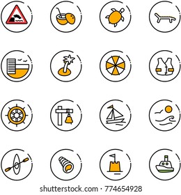 line vector icon set - embankment vector road sign, coconut cocktail, sea turtle, lounger, hotel, palm, parasol, life vest, hand wheel, ship bell, sail boat, waves, kayak, shell, sand castle, toy