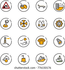 line vector icon set - embankment vector road sign, coconut cocktail, lounger, hotel, palm, parasol, life vest, hand wheel, lighthouse, waves, shell, dolphin, sand castle, cruiser, toy boat