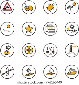 line vector icon set - embankment vector road sign, coconut cocktail, sea turtle, beach, lounger, starfish, hotel, palm, parasol, life vest, lighthouse, kayak, surfing, windsurfing, cruiser