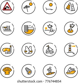 line vector icon set - embankment vector road sign, beach, lounger, flippers, pool, hotel, palm, diving, life vest, sail boat, lighthouse, shell, surfing, cruiser
