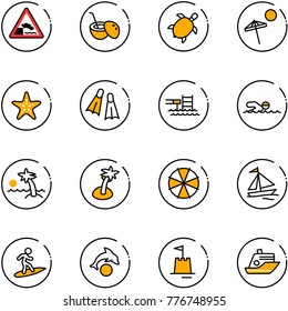 line vector icon set - embankment vector road sign, coconut cocktail, sea turtle, beach, starfish, flippers, pool, swimming, palm, parasol, sail boat, surfing, dolphin, sand castle, cruiser