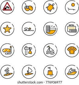 line vector icon set - embankment vector road sign, coconut cocktail, sea turtle, lounger, starfish, swimming, hotel, diving, ship bell, sail boat, shell, surfing, windsurfing, sand castle, cruiser