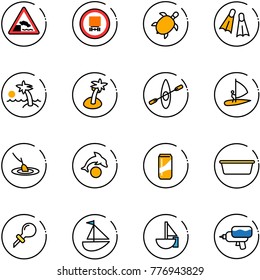 line vector icon set - embankment vector road sign, no dangerous cargo, sea turtle, flippers, palm, kayak, windsurfing, fishing, dolphin, drink, basin, oiler, sailboat toy, water gun