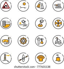 line vector icon set - embankment vector road sign, lounger, flippers, pool, hotel, palm, parasol, diving, hand wheel, ship bell, sail boat, lighthouse, kayak, shell, sand castle