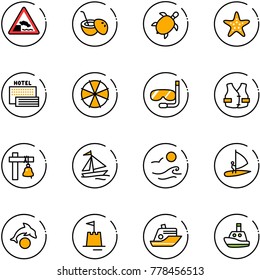 line vector icon set - embankment vector road sign, coconut cocktail, sea turtle, starfish, hotel, parasol, diving, life vest, ship bell, sail boat, waves, windsurfing, dolphin, sand castle, cruiser