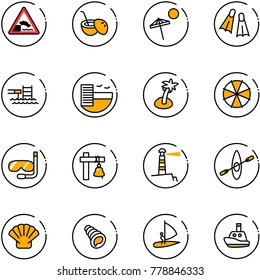 line vector icon set - embankment vector road sign, coconut cocktail, beach, flippers, pool, hotel, palm, parasol, diving, ship bell, lighthouse, kayak, shell, windsurfing, toy boat