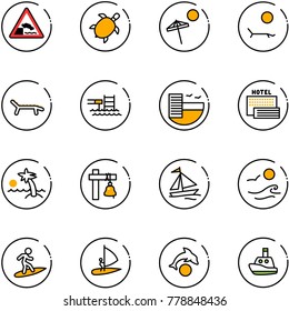 line vector icon set - embankment vector road sign, sea turtle, beach, lounger, pool, hotel, palm, ship bell, sail boat, waves, surfing, windsurfing, dolphin, toy