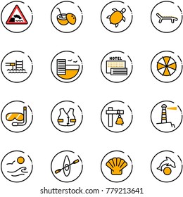 line vector icon set - embankment vector road sign, coconut cocktail, sea turtle, lounger, pool, hotel, parasol, diving, life vest, ship bell, lighthouse, waves, kayak, shell, dolphin