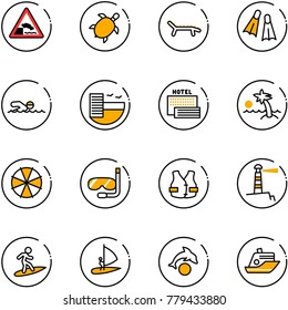 line vector icon set - embankment vector road sign, sea turtle, lounger, flippers, swimming, hotel, palm, parasol, diving, life vest, lighthouse, surfing, windsurfing, dolphin, cruiser