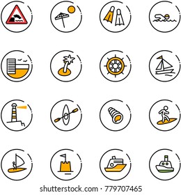 line vector icon set - embankment vector road sign, beach, flippers, swimming, hotel, palm, hand wheel, sail boat, lighthouse, kayak, shell, surfing, windsurfing, sand castle, cruiser, toy