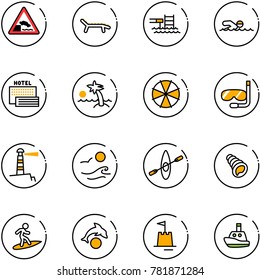line vector icon set - embankment vector road sign, lounger, pool, swimming, sea hotel, palm, parasol, diving, lighthouse, waves, kayak, shell, surfing, dolphin, sand castle, toy boat