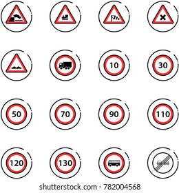 line vector icon set - embankment vector road sign, railway intersection, side wind, rough, no truck, speed limit 10, 30, 50, 70, 90, 110, 120, 130, bus, end overtake