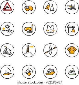 line vector icon set - embankment vector road sign, coconut cocktail, flippers, pool, palm, diving, life vest, ship bell, sail boat, lighthouse, kayak, shell, windsurfing, dolphin, cruiser, toy