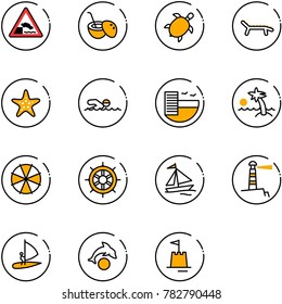 line vector icon set - embankment vector road sign, coconut cocktail, sea turtle, lounger, starfish, swimming, hotel, palm, parasol, hand wheel, sail boat, lighthouse, windsurfing, dolphin