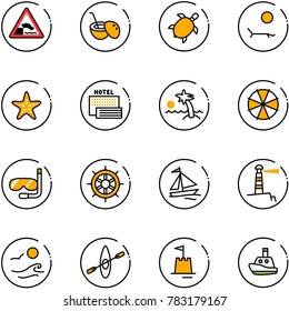 line vector icon set - embankment vector road sign, coconut cocktail, sea turtle, lounger, starfish, hotel, palm, parasol, diving, hand wheel, sail boat, lighthouse, waves, kayak, sand castle, toy