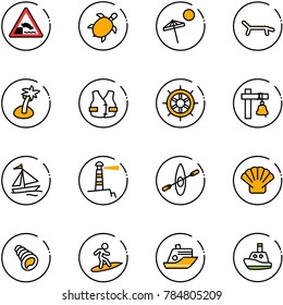 line vector icon set - embankment vector road sign, sea turtle, beach, lounger, palm, life vest, hand wheel, ship bell, sail boat, lighthouse, kayak, shell, surfing, cruiser, toy