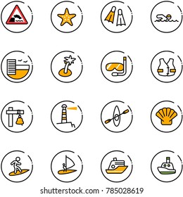 line vector icon set - embankment vector road sign, starfish, flippers, swimming, hotel, palm, diving, life vest, ship bell, lighthouse, kayak, shell, surfing, windsurfing, cruiser, toy boat