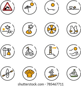 line vector icon set - embankment vector road sign, beach, lounger, swimming, palm, parasol, life vest, ship bell, sail boat, lighthouse, waves, kayak, shell, surfing, toy