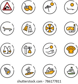 line vector icon set - embankment vector road sign, coconut cocktail, beach, lounger, flippers, parasol, diving, life vest, ship bell, waves, shell, surfing, cruiser, toy boat
