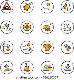 line vector icon set - embankment vector road sign, sea turtle, lounger, flippers, palm, parasol, diving, life vest, ship bell, waves, shell, surfing, sand castle, cruiser, toy boat