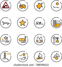 line vector icon set - embankment vector road sign, coconut cocktail, sea turtle, lounger, starfish, swimming, hotel, palm, diving, life vest, ship bell, lighthouse, waves, windsurfing, dolphin