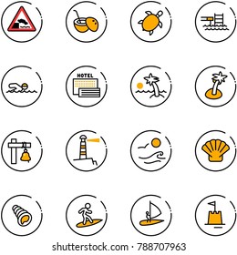 line vector icon set - embankment vector road sign, coconut cocktail, sea turtle, pool, swimming, hotel, palm, ship bell, lighthouse, waves, shell, surfing, windsurfing, sand castle