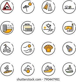 line vector icon set - embankment vector road sign, beach, flippers, swimming, hotel, sea, palm, diving, sail boat, waves, shell, surfing, dolphin, cruiser, toy