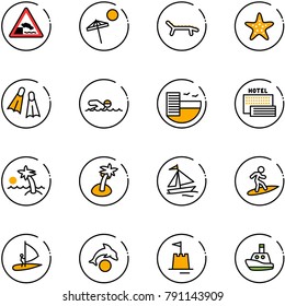 line vector icon set - embankment vector road sign, beach, lounger, starfish, flippers, swimming, hotel, sea, palm, sail boat, surfing, windsurfing, dolphin, sand castle, toy