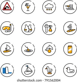 line vector icon set - embankment vector road sign, drink, rain cloud, pool, diving, life vest, ship bell, surfing, windsurfing, fishing, dolphin, water power plant, sailboat toy, duck