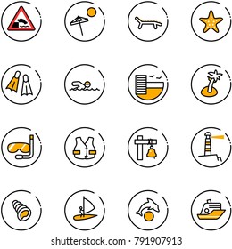 line vector icon set - embankment vector road sign, beach, lounger, starfish, flippers, swimming, hotel, palm, diving, life vest, ship bell, lighthouse, shell, windsurfing, dolphin, cruiser