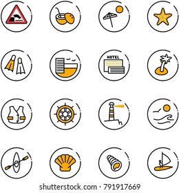 line vector icon set - embankment vector road sign, coconut cocktail, beach, starfish, flippers, hotel, sea, palm, life vest, hand wheel, lighthouse, waves, kayak, shell, windsurfing