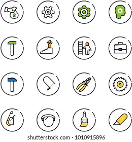 line vector icon set - encashment vector, gear, brain work, success, opportunity, case, hammer, fretsaw, pliers, saw disk, winch, protect glass, brush, knife