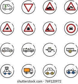 Line Vector Icon Set - Encashment Car Vector, Giving Way Road Sign, Steep Descent, Embankment, Tractor, Tunnel, Gravel, No, Limousine, Cabrio, Jack, Trailer, Toy, Truck