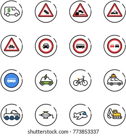 line vector icon set - encashment car vector, multi lane traffic road sign, embankment, crash, for moto, no, bus, overtake, electric, bike, baggage, moon rover, jack, plane toy, excavator