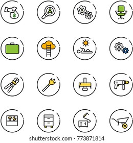 line vector icon set - encashment vector, head hunter, gears, office chair, case, cloud ladder, reading, gear, bolt cutter, wood drill, milling, machine, tool box, cabinet, welding, wheelbarrow