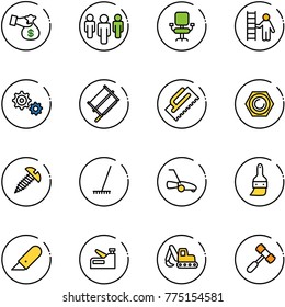 line vector icon set - encashment vector, group, office chair, opportunity, gear, bucksaw, trowel, nut, screw, rake, lawn mower, brush, work knife, stapler, excavator toy, hammer