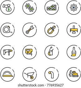 line vector icon set - encashment vector, gear, brick wall, measuring tape, wrench, side cutters, milling cutter, drill machine, jig saw, winch, brush, construction helmet, wheelbarrow, allen key