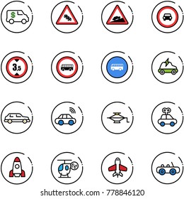 line vector icon set - encashment car vector, multi lane traffic road sign, climb, no, limited height, bus, electric, limousine, wireless, jack, toy, rocket, helicopter, plane