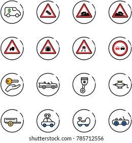 line vector icon set - encashment car vector, multi lane traffic road sign, climb, steep descent, tractor way, tunnel, slippery, no overtake, key hand, cabrio, piston, jack, trailer, toy, baby